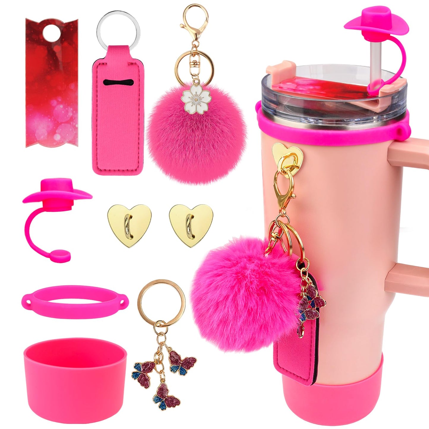 FOWSRHRG 9PCS Cup Accessories Set for Stanley Cup 30oz 40oz, Including Tumbler Name Plate, Water Bottle Handle Strap, Siliocne Cup Boot, Chapstick Holder, Straw Cover and Keychain Charms