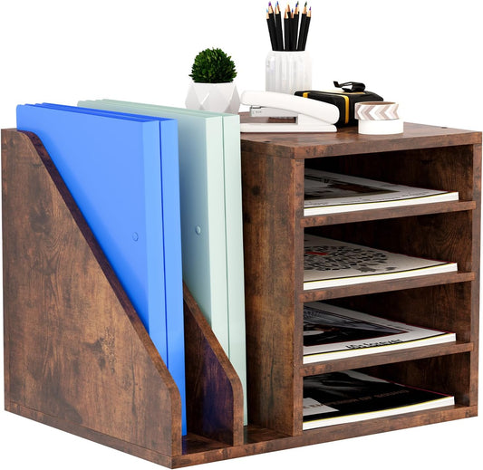 Wood Desk Organizer File Holder, Wooden Mail Organizer Countertop with Adjustable Compartments, Desktop File Organizer Paper Sorter for Home, Office and School, Envelope Organizer, Black