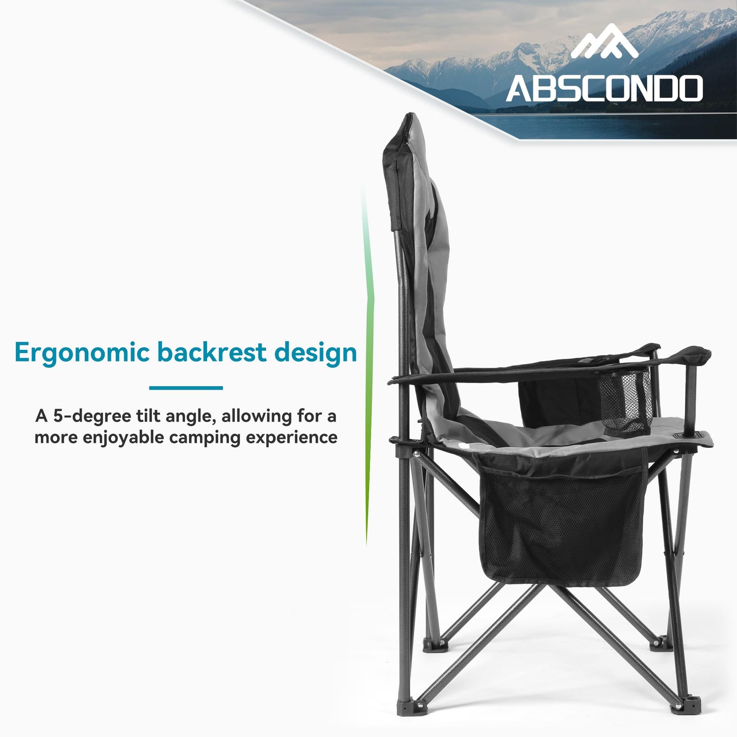 ABSCONDO Camping Chairs for Adults, Oversized Folding Camp Chair for Outdoor with Cup Holder & Cooler Bag, XL Heavy Duty Lawn Chairs Supports up to 350lbs (2 Pcs, Black)