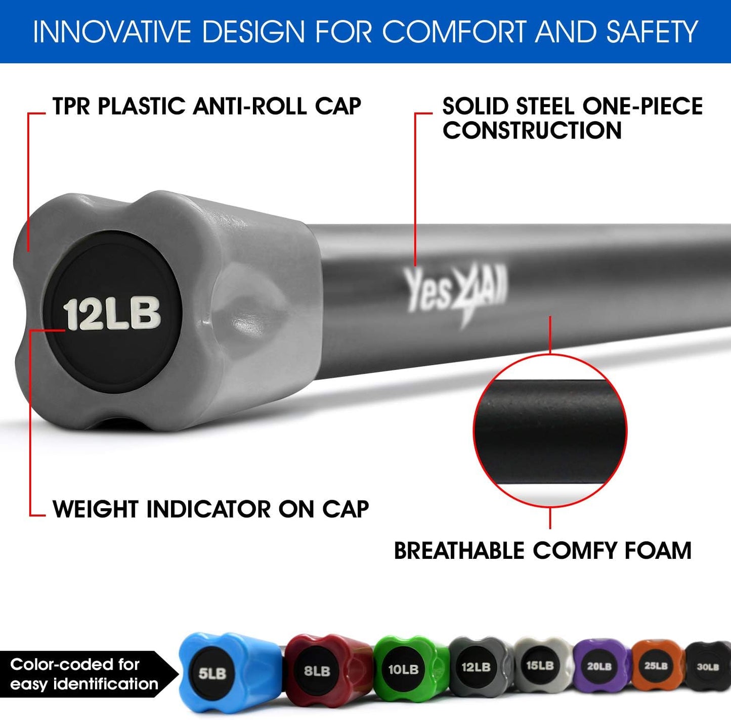 Yes4All Total Body Workout Weighted Bar, Resistance Band Bar, Racks for Strength Training, Exercise Bar for Yoga in Home and Gym - Single/Combo