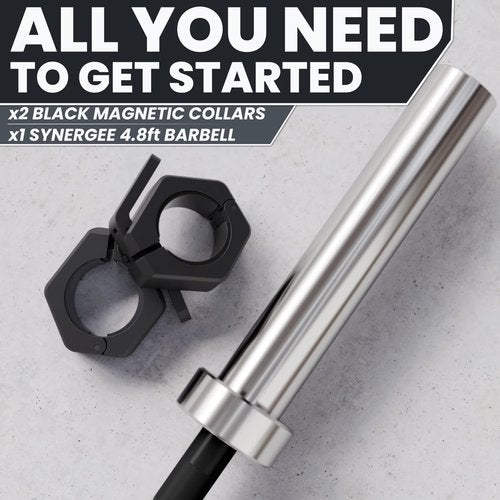 Synergee 4.8-Foot Barbell with 2” Sleeves and Collars. Rated 500lbs for Weightlifting. Available in Black.