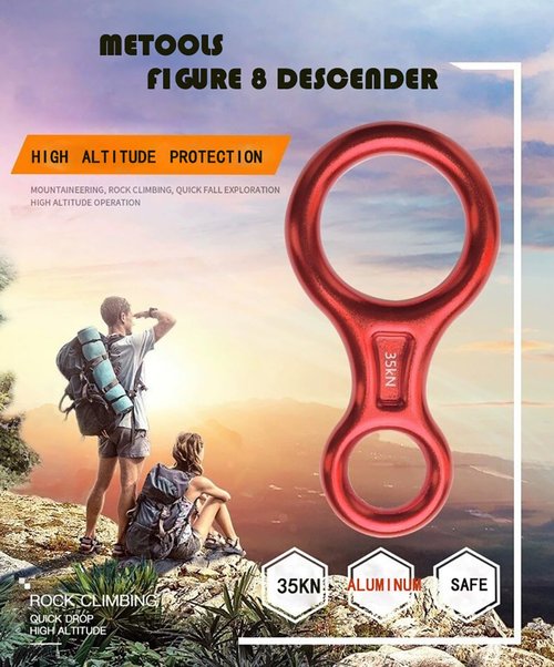 METOOLS Heavy-Duty Climbing Gear, 35KN Aluminum Figure 8 Descenders - High Altitude Protection & Anti-Fall Brake Ideal for Rock Climbing Rappelling and Rescue Red