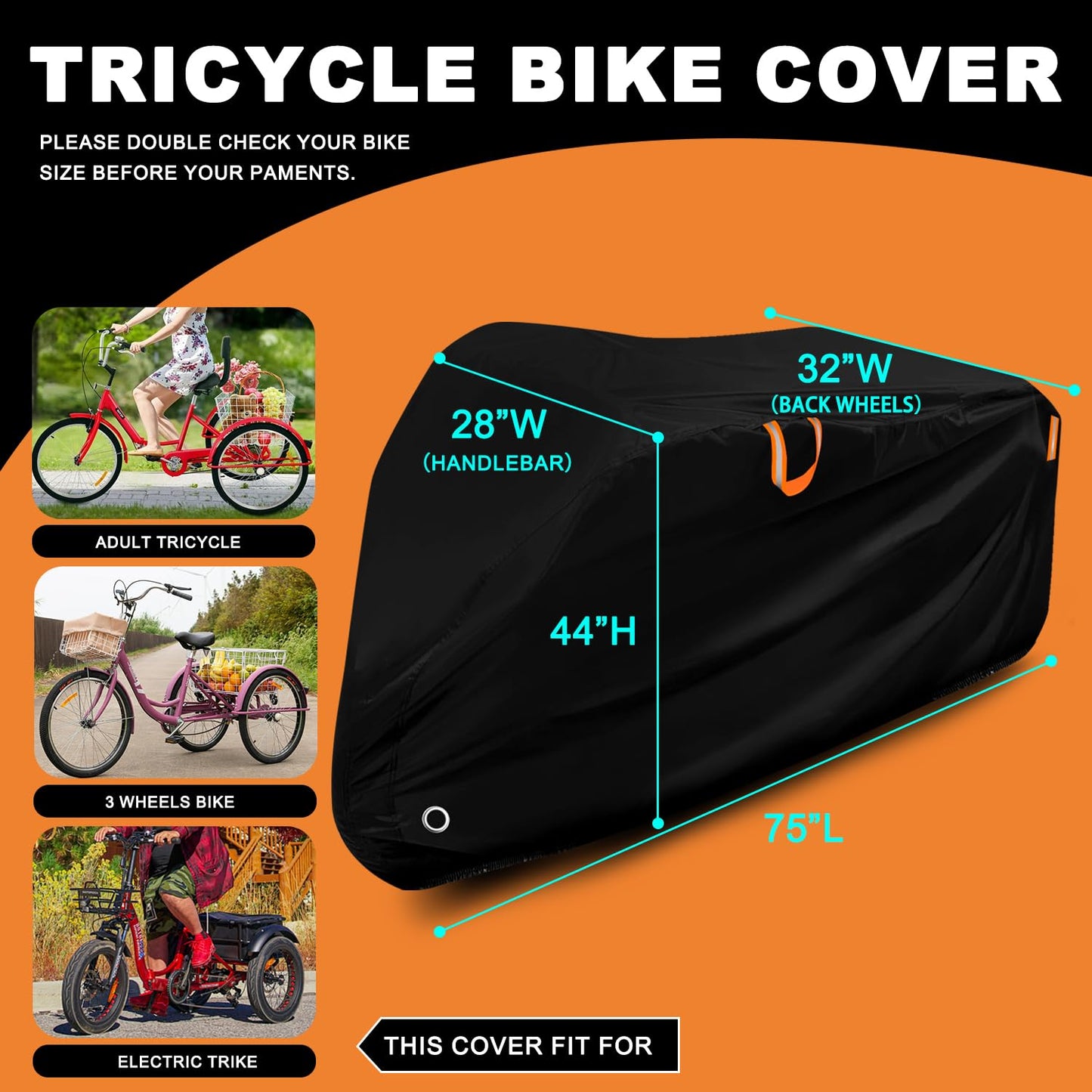 Adult Tricycle Cover Outdoor Storage Waterproof ,Heavy Duty Anti-UV 420D Tearproof Bike Covers Fit for Electric Trike,3 Wheels eTrike Bicycle, All Weather Use,Windproof Buckle,Lock Hole