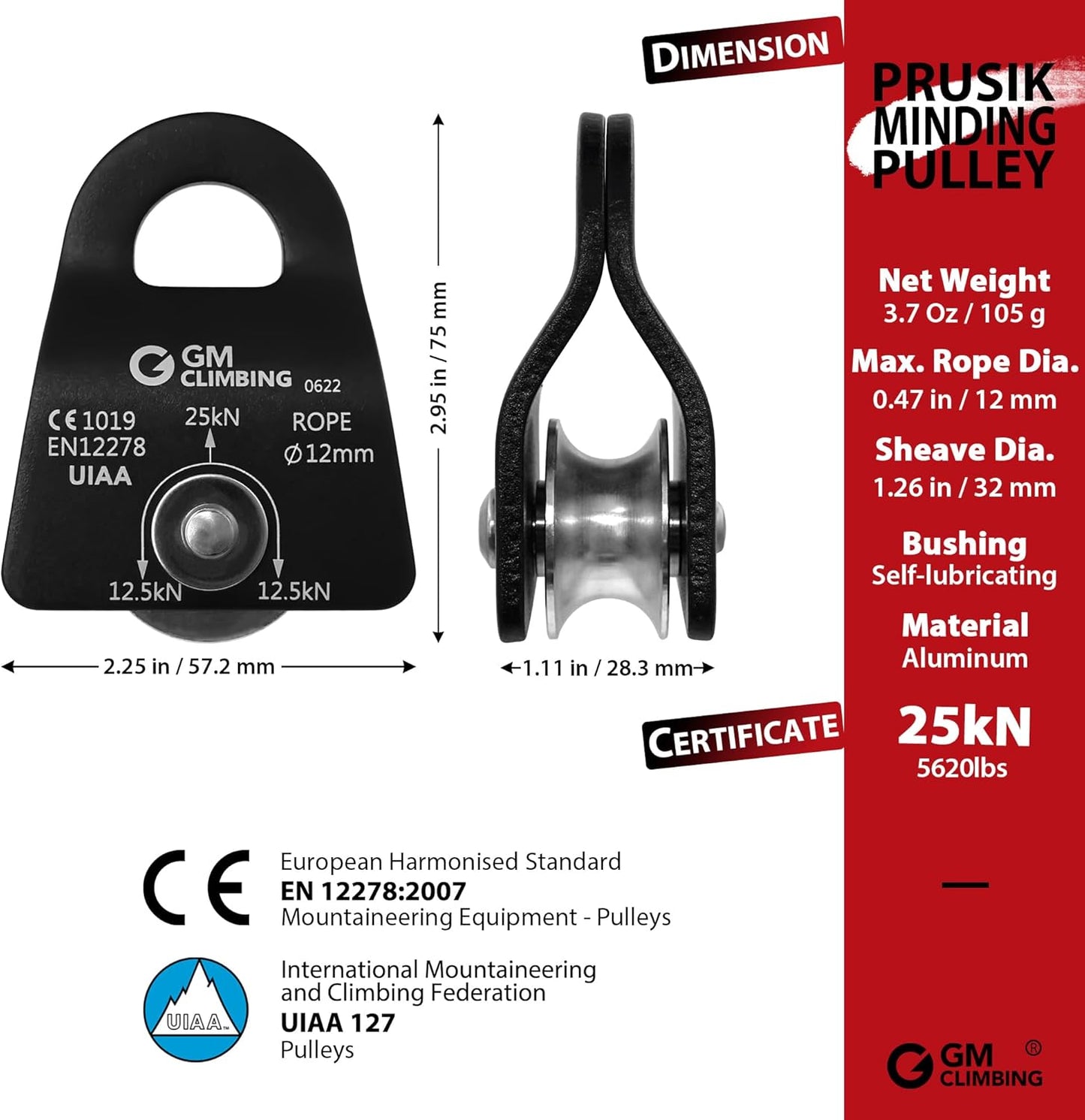 GM CLIMBING Micro Prusik Minding Pulley 25kN CE UIAA Certified 12mm Single Pulley Mobile Side Plates for Arborist Rigging Climbing Rescue