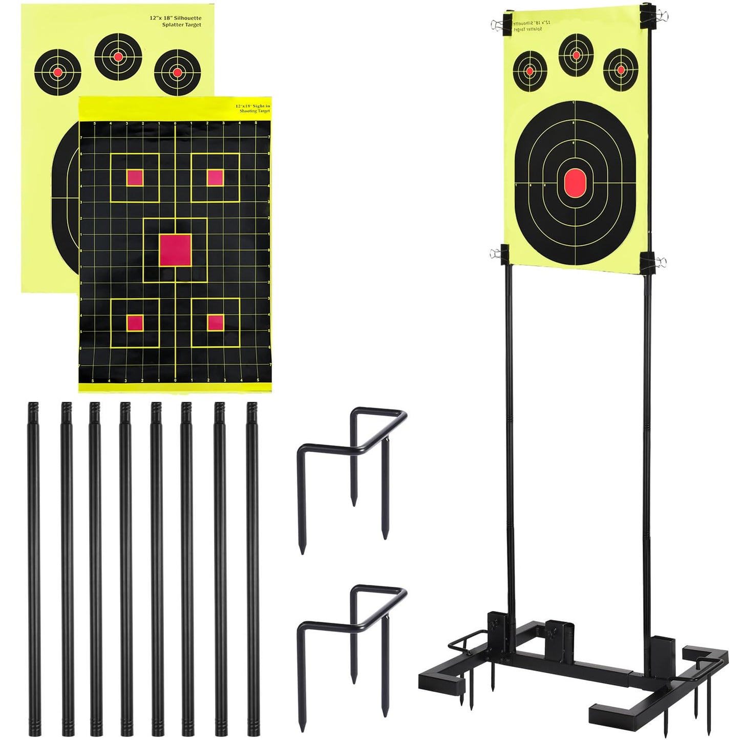 Adjustable Shooting Target Stand Set With 10 Paper Targets, Two Mounting Options for Outdoors, Stable Holder With Metal Poles and Ground Nails (Black)