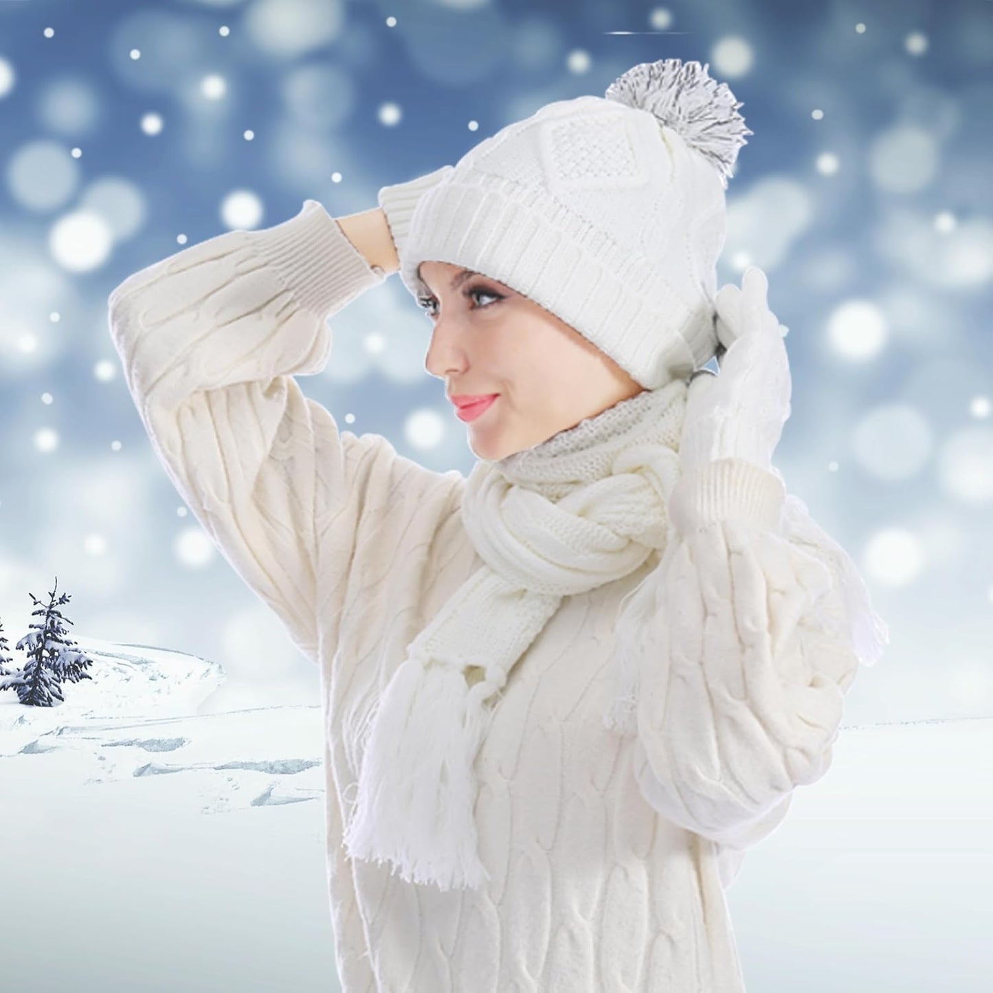 Winter Hat Gloves Scarf Set for Women, Cable Knit Beanie Pom Cap Touch Screen Glove Long Scarf 3PCS Winter Gift for Women Men