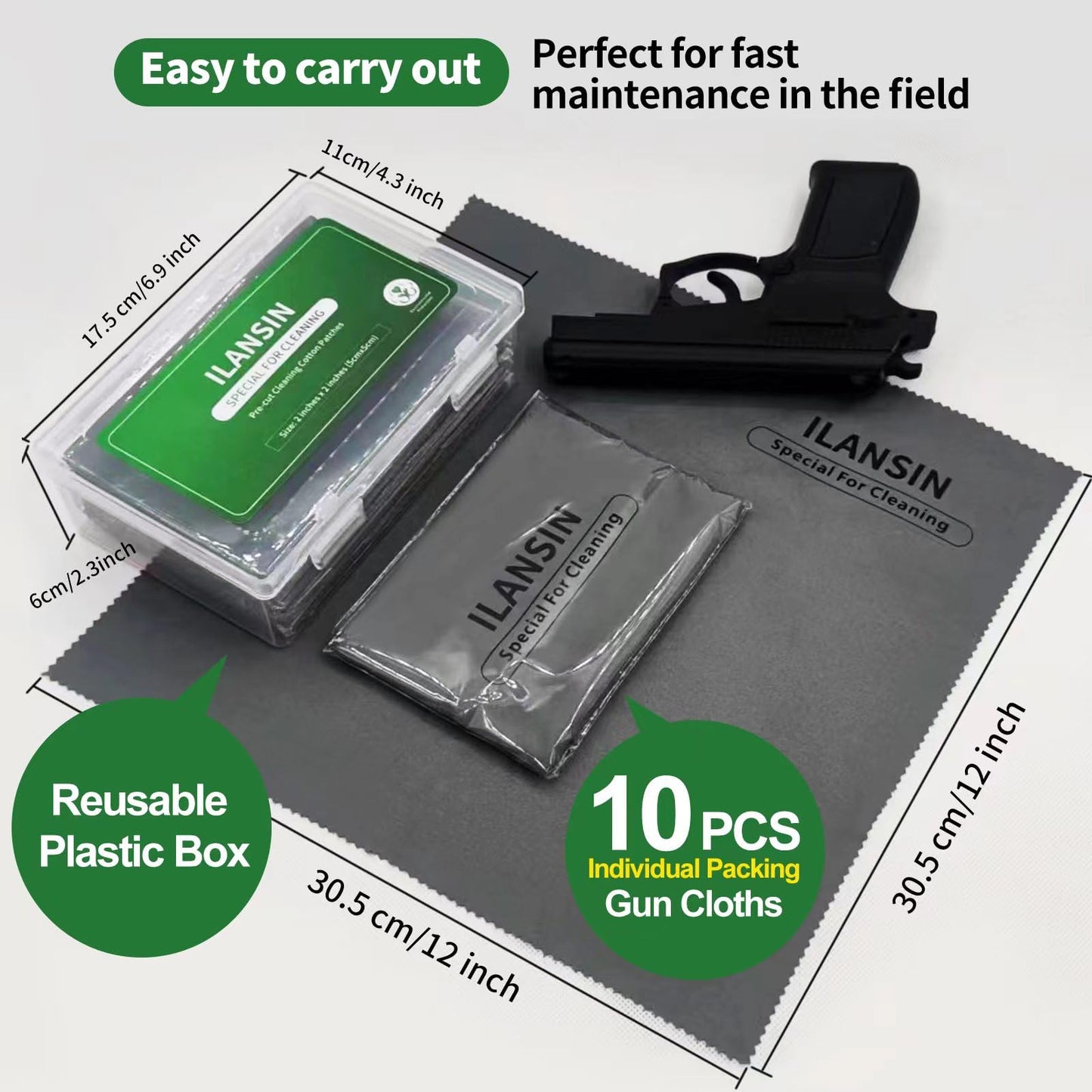 ILANSIN 10 Pack Technology Microfiber Black/Gray Gun Cleaning Cloth-Large Size-Lint Free-Reusable Cleaning pad for All Firearm-Each Pack is Individually Packaged in a Case-Gun Cleaning Supplies Store…