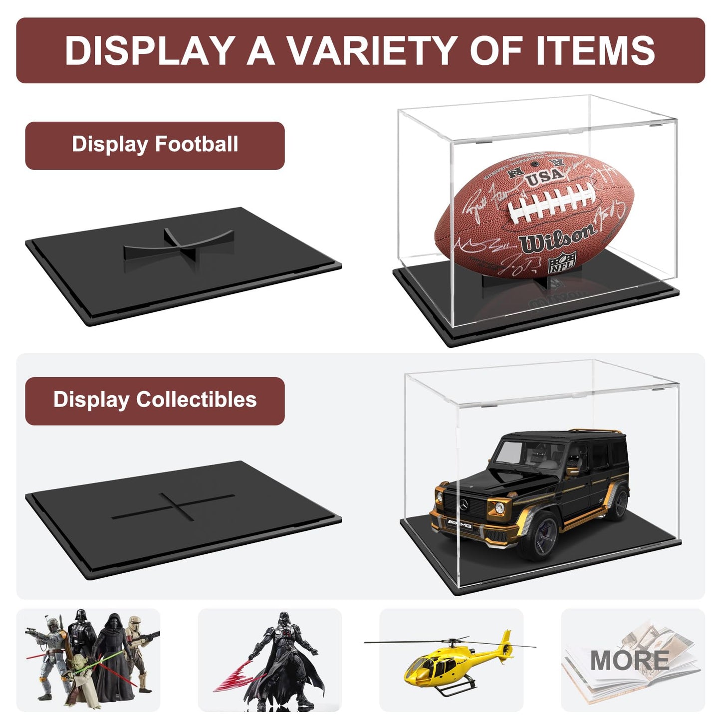 Football Display Case, Clear Acrylic Display Box Football Display Stand with Removable Built-in, Self-Assembly Memorabilia Display Box Cases Suitable for Autographed Footballs, Dolls, Models
