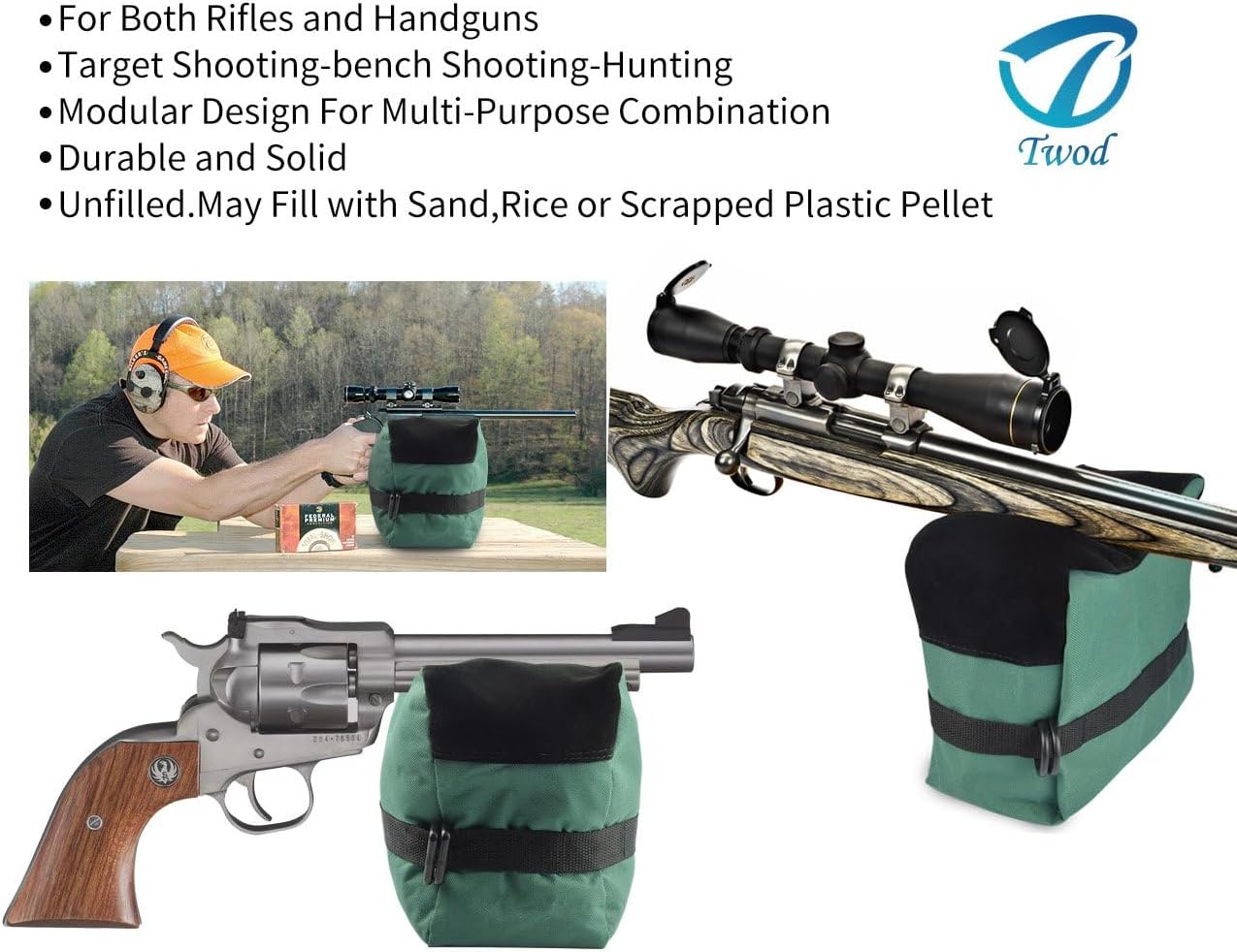 Twod Outdoor Shooting Rest Bags - Target Sports Bench Rest with Front & Rear Support SandBag Stand Holders for Gun Rifle Shooting Hunting Photography - Unfilled