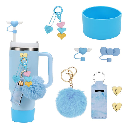 Amintiri Silicone Stanley Cup Boot, Lipstick Holder, 2 x Straw Cover, 2 x Charms for Stanley 40oz & 30oz Tumbler (Blue)