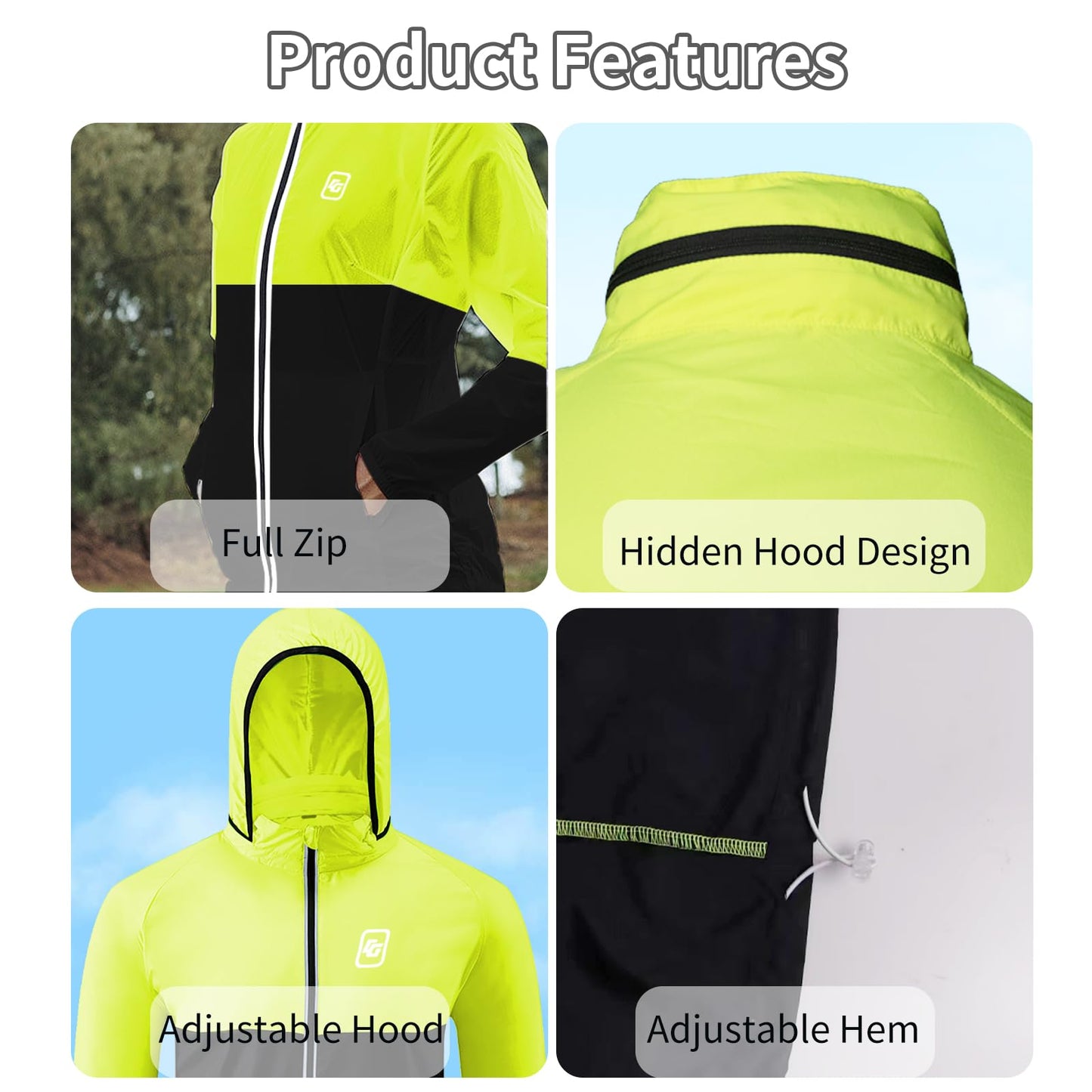 CGLRybO Cycling Jacket Mens Lightweight Running Windbreaker Hooded Quick-dry Hiking Travel Rain Coats Reflective