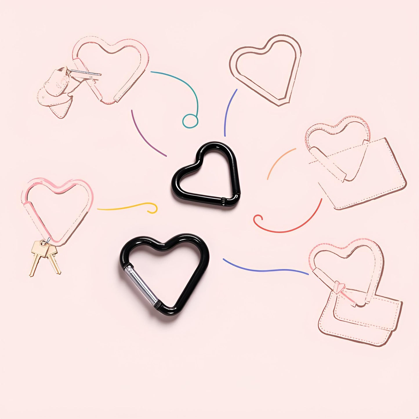 3Pcs Black Heart Shaped Snap Hook Aluminum Heart Key Ring Keychain Clip for Backpack Key Purse Straps，Fasteners，Buckles