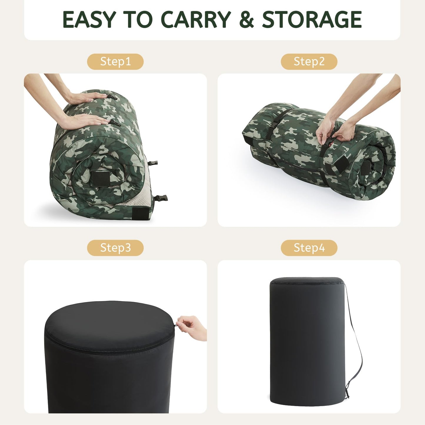 HomeMate CertiPUR-US Memory Foam Camping Mattress Pad Portable Roll Up Mattress for Adults Sleeping Mat Cot Mattress Pad Car Tent Floor Mattress Removable Waterproof Cover Travel Bag Guest Bed