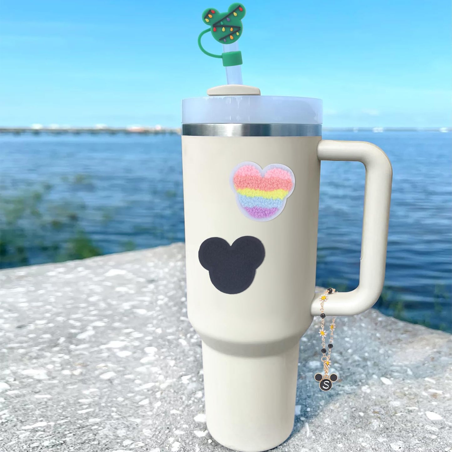 7 PCS Use for Stanley Cup Accessories Charms,Compatible with Stanley Cup Letter Charms for Handle,Silicone Straw Cover Topper & Sticker(S)