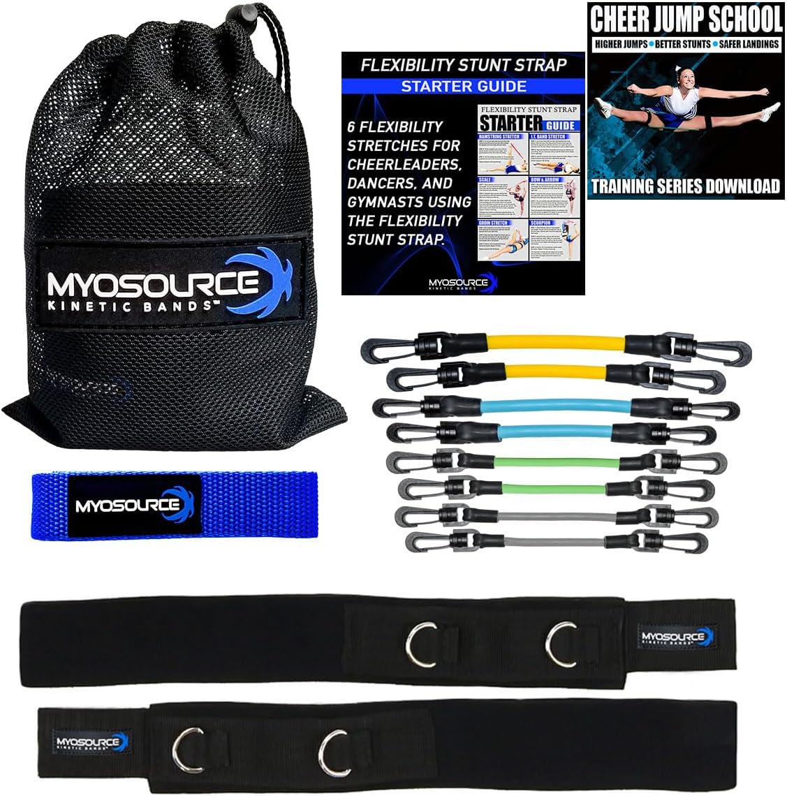 Cheer Kinetic Bands Cheerleader Flexibility and Strength Training | Improve Jumps, Stunts, Landings | 4-Level Leg Resistance Bands & 12 Stunt Strap Color Options, Digital Training Downloads
