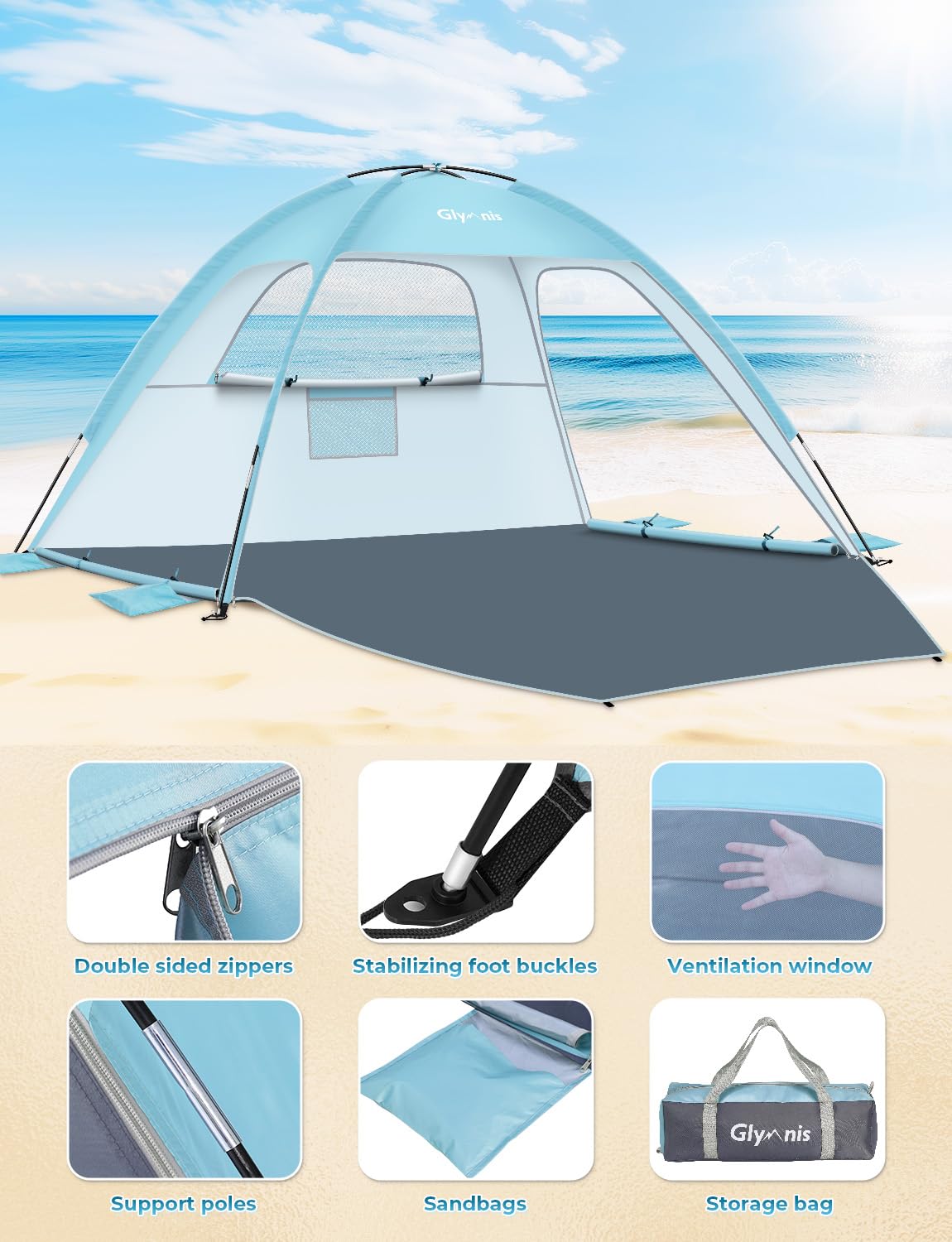 Glymnis Beach Tent Sun Shelter for 3 Person with UPF 50+ UV Protection, Lightweight & Easy Setup Beach Shade Canopy with Vent Windows & Zippered Door