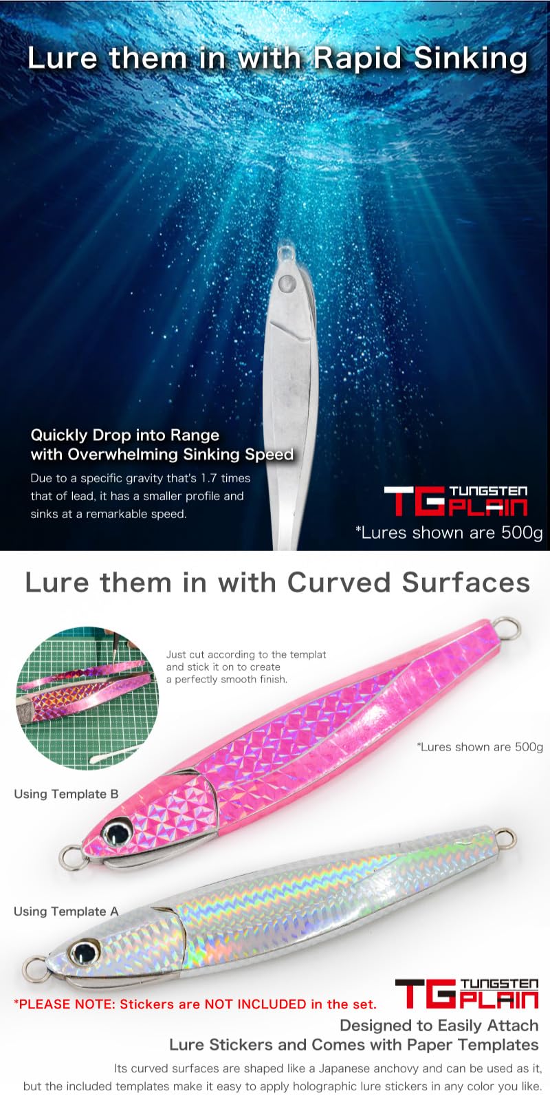 FUNKS TG Plain Tungsten Jig 300g 10.5oz Saltwater Fishing Jigs Metal Jigging Lure Deep Sea for Bass Unpainted with Paper Templates Designed in Japan