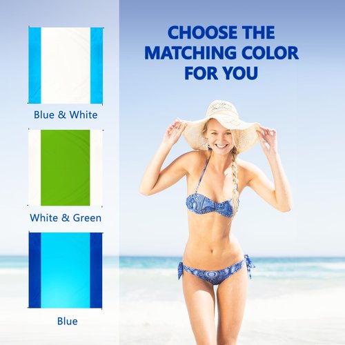 Ruili Beach Blanket Sandproof Extra Large 5-7 Adults, Oversized Beach Mat Waterproof Washable Foldable Outdoor Mat, 83''x79'' Beach Blanket with Storage Bag, Lightweight Durable 4 Stakes (White&Green)