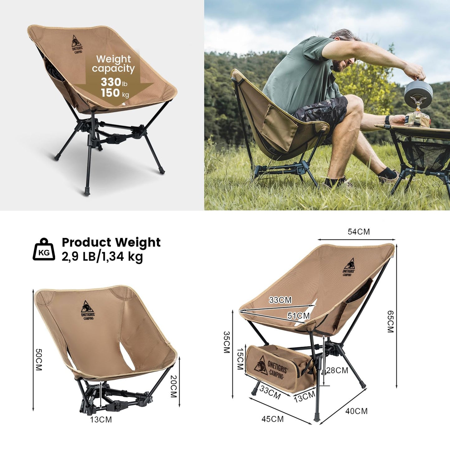 ONETIGRIS Tigerblade Camping Chair, Lightweight Folding Backpacking Hiking Chair, Compact Portable 330 lbs Capacity