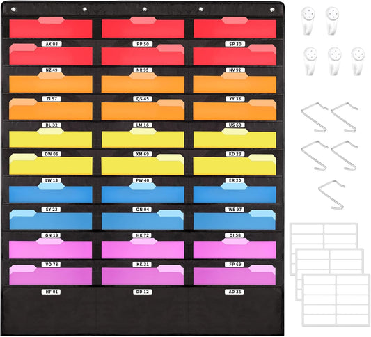 Annecy 10 Pockets Hanging Wall File Organizer, Black Storage Pocket Chart for File Folder and Paper, Space Saver for Office and Classroom, with Wall Hangers, Over The Door Hooks, Labels
