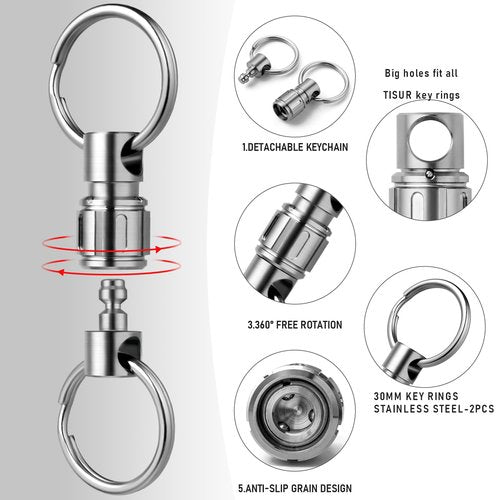 TISUR Quick Release Keychain,Titanium Carabiner Keychain,Detachable Pull Apart Swivel Key Chain for Men Women (Polished Keychain +2pcs Stainless Steel Key Rings)