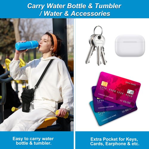 Cosmos Water Tumbler Carrier Bag Water Bottle Sling Bag Pouch Holder for Travel Hiking Walking Gym - Fits 20-30 Oz Insulated Round Water Tumbler - with Ventilated Mesh Pocket & Adjustable Sling Strap
