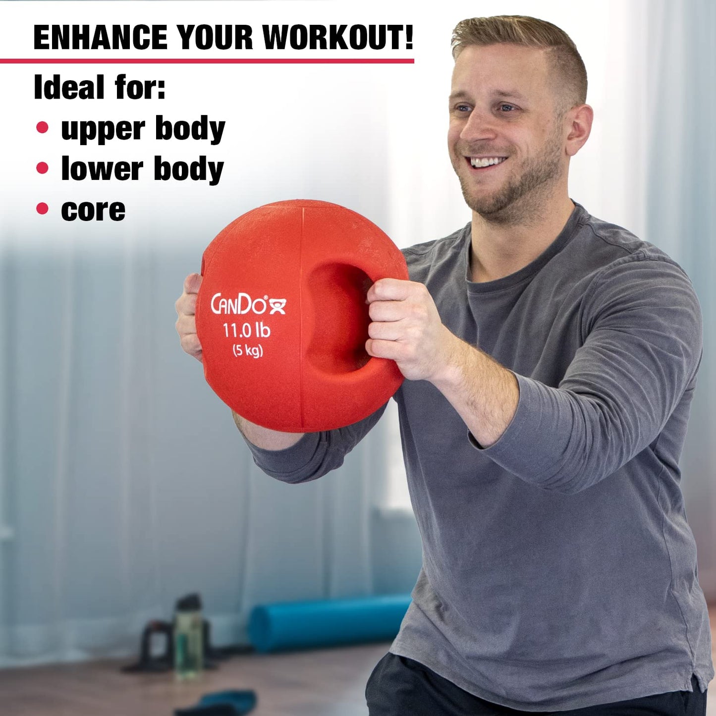 CanDo Molded Dual-Handle Medicine Ball for Strength Training, Core Workouts, Warmups, Cardio, and Plyometrics with Handles for Home and Clinic Use