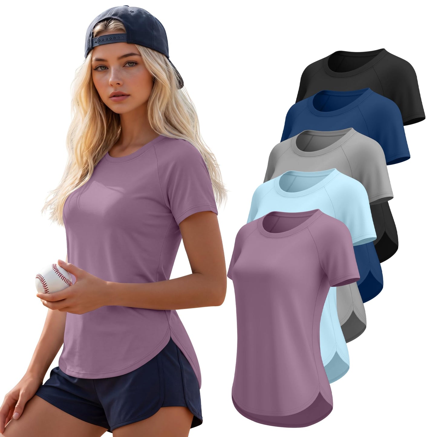 Yearntown 5 Pack Women's Workout Shirts Athletic Quick Dry Tops Exercise UPF 50+ Short Sleeve Gym Yoga Tees(Black, Denim Blue, Light Gray, Light Blue, Grayish Purple,X-Large)