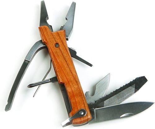 10-in-1 Stainless Steel Multi-Tool with Wood Handle - Compact EDC Gear for Camping & Outdoors