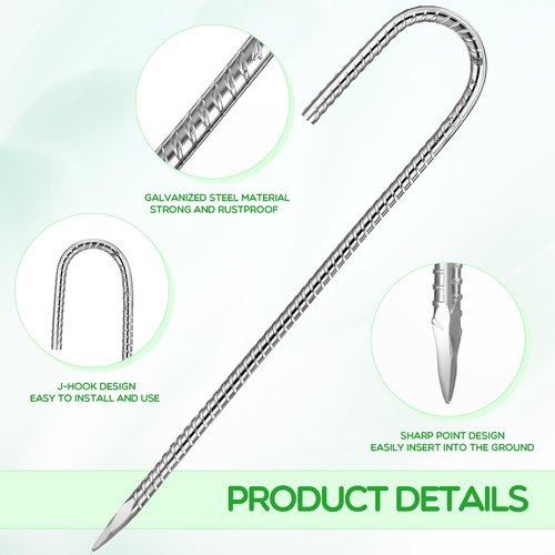 Therwen 50 Pcs 12 Inch Rebar Stakes Ground Stakes Heavy Duty J Hook Galvanized Anti Rust Tent Spikes Anti Rust Galvanized for Camping Garden Chicken Coop Outdoor Yard House