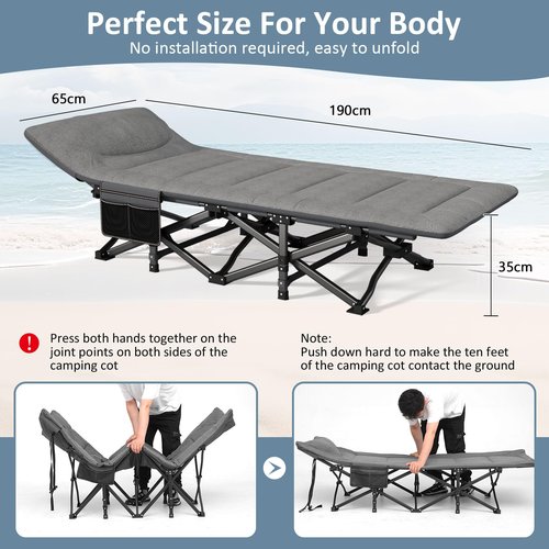 Mopaicot Camping Cot, Folding Cot Bed for Adults with Built-in Mattress and Pillow, Portable Outdoor Sleeping Cot for Camping and Travel, with Carry Bag, Grey, Max Load 450 LBS