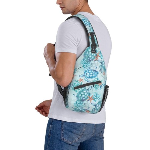 QISENTIS Sea Turtle Sling Bag for Women Men Light Blue Aqua Sea Turtles Ocean Coastal Sea Animal Travel Crossbody Bags Underwater World Print Casual Sling Backpack Chest Shoulder Bag Hiking Daypack