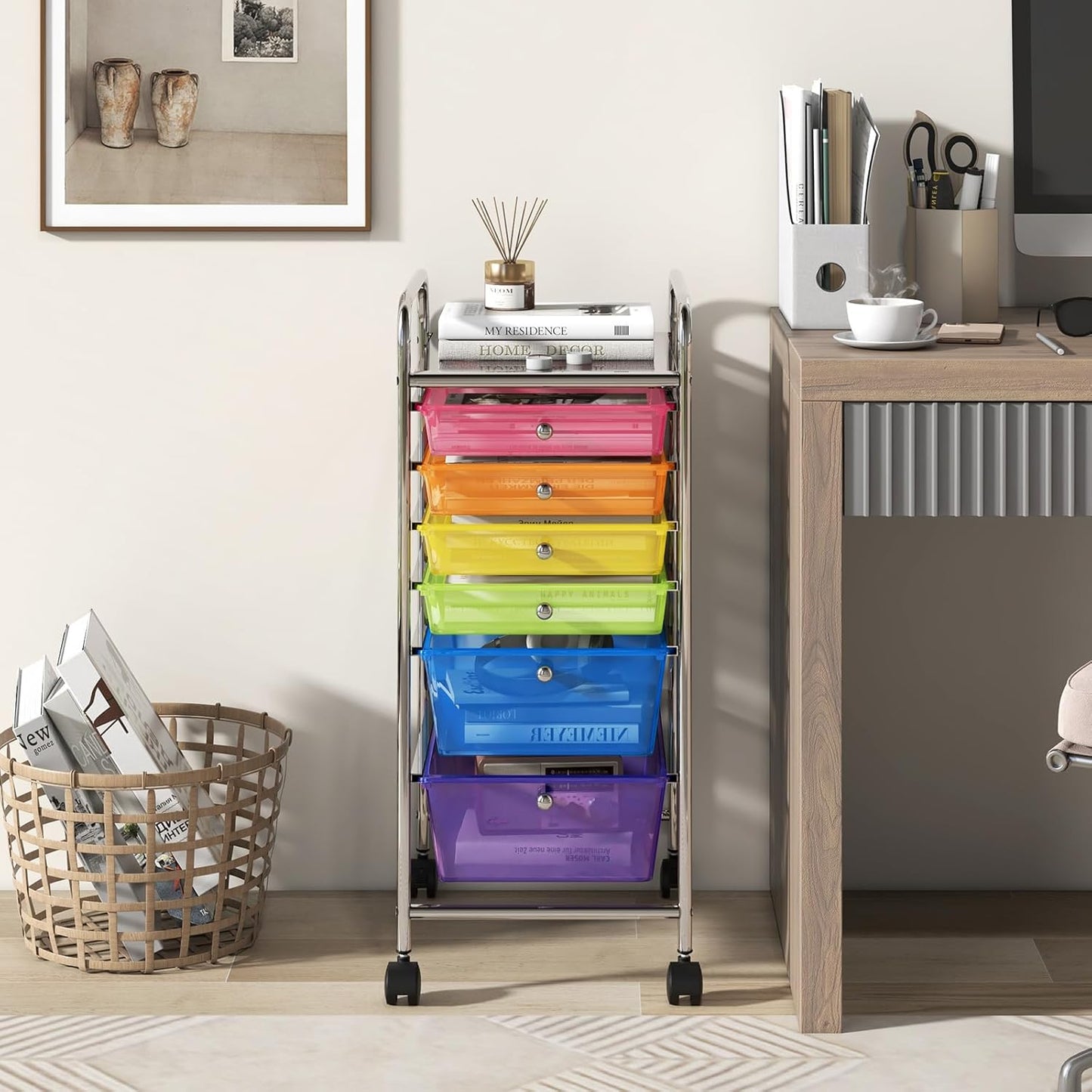 RELAX4LIFE 6-Drawer Rolling Storage Cart - Classroom Organization on Wheels w/Removable Plastic Drawers, Mobile Art Craft Cart for School Paper Home Office, Utility Cart with Drawers (Macaron)