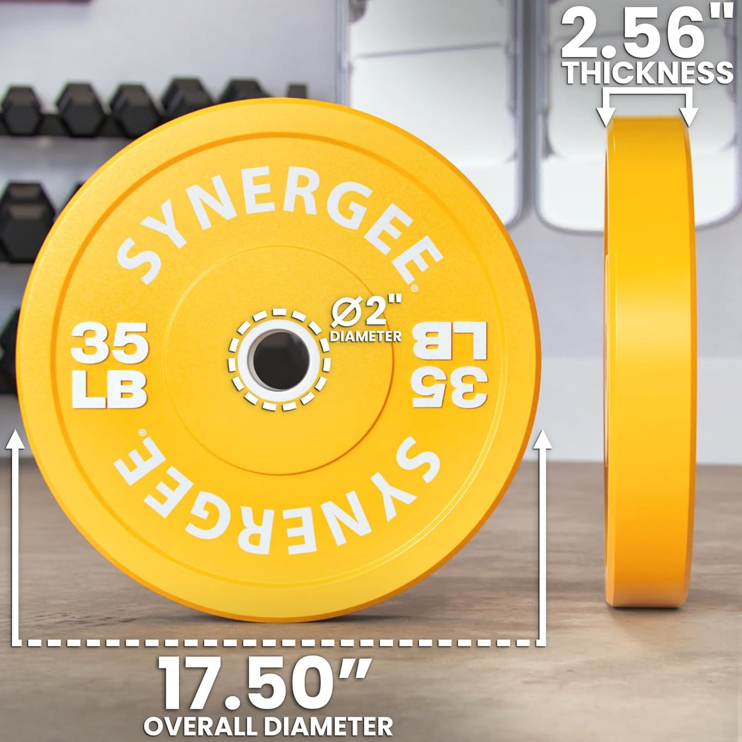 Synergee Bumper Plates – Durable Olympic Weight Plates, Low-Bounce Rubber for Strength Training, Powerlifting, and Functional Workouts.