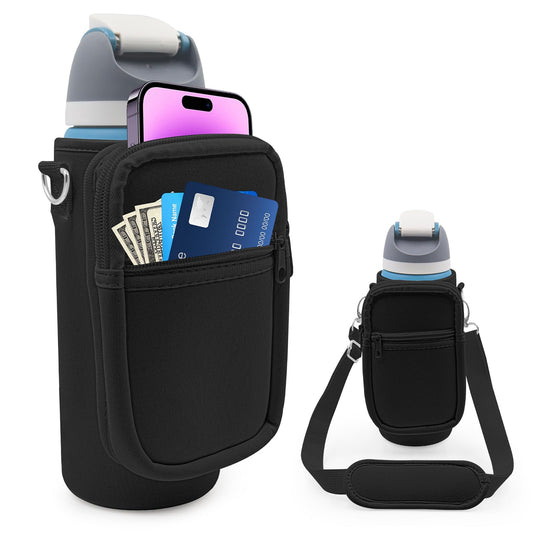for Owala FreeSip Insulated Stainless Steel Water Bottle Cup Holder Cover Carrier Sling Bag with Strap, Pouch Pocket for Phone/Accessories, add Handle for Owala 40oz (Black-40oz)