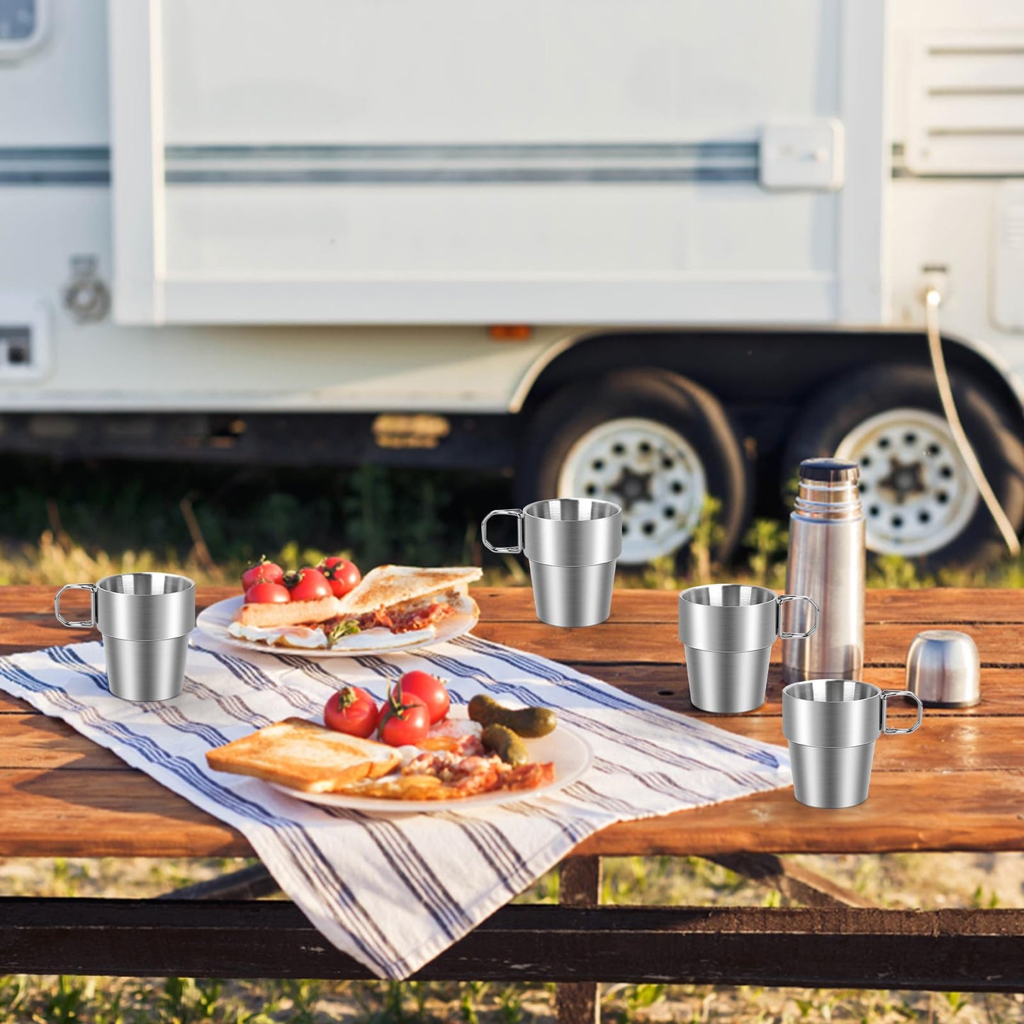 4-Pack Stainless Steel Camping Cups with Foldable Handle, 10 oz Camping Coffee Mugs with Double Wall Design, Ideal for Outdoor Activities, Travel, and Home Use