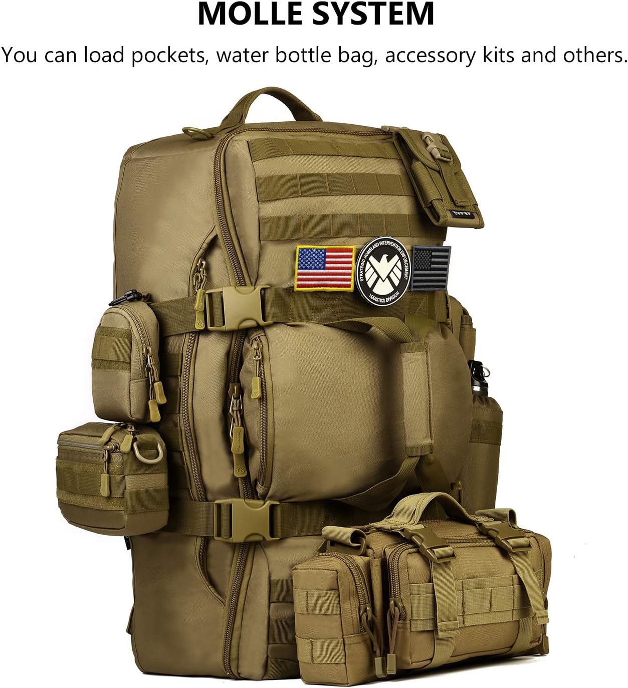 ArcEnCiel60L Outdoor Tactical Duffel Backpack Military Waterproof Suitcase Sport Luggage Hiking Camping Bag（Rain Cover+Patch）