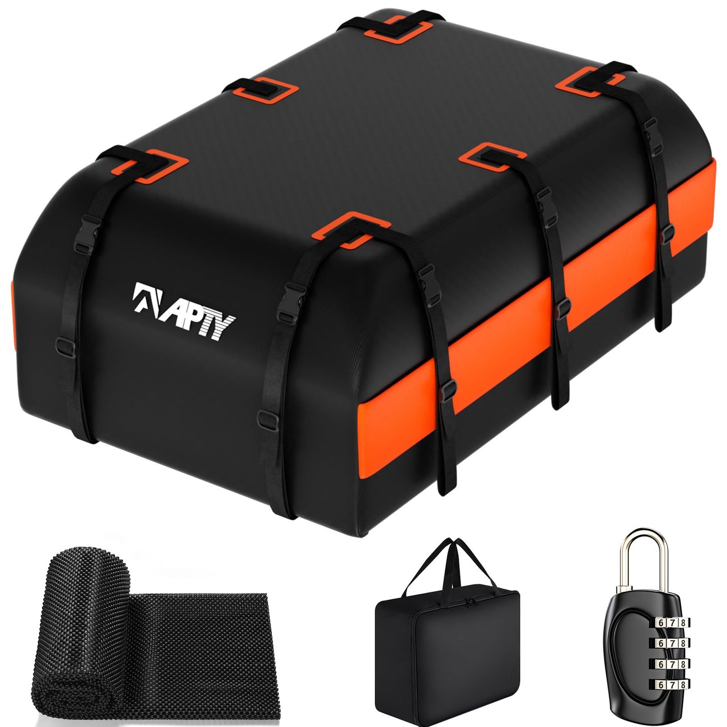 APTY 21 Cubic Feet Car Rooftop Cargo Bag Carrier, Soft Roof Top Luggage Bag for All Vechicles with/Without Rack - with Waterproof Zip, Anti-Slip Mat, Luggage Lock, Storage Bag, Door Hooks, Orange