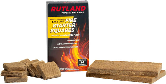 Rutland Safe Lite Fire Starter Squares - Heavy Charcoal Starters for Fireplace, Grill Pit, BBQ & Campfires - USA-Made Camping Accessories - Odorless Long Burn - 24 Squares
