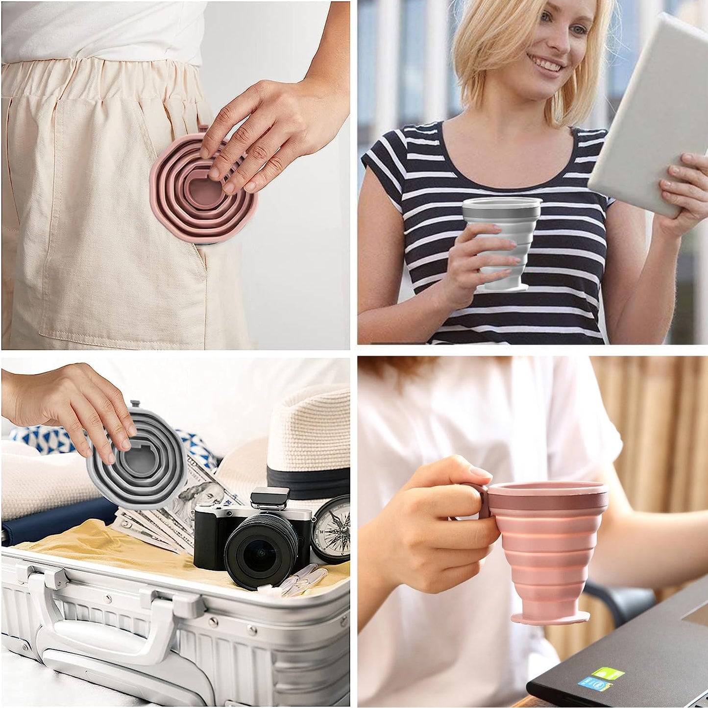 ABSOK Pack of 2 foldable silicone cups, foldable travel cups with plastic lids, reusable portable cup set suitable for camping and hiking