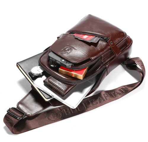 BULLCAPTAIN Mens Leather Sling Bag Backpack Casual Outdoor Shoulder Crossbody Chest Bag with USB Charging Port (Coffee)
