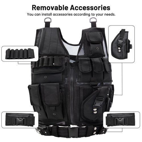 Oushome Tactical Vest, Lightweight Adjustable Airsoft Vest with Detachable Belt & Holster, Tactical Vest for Men for Adults CS/Hunting/Training/Cosplay