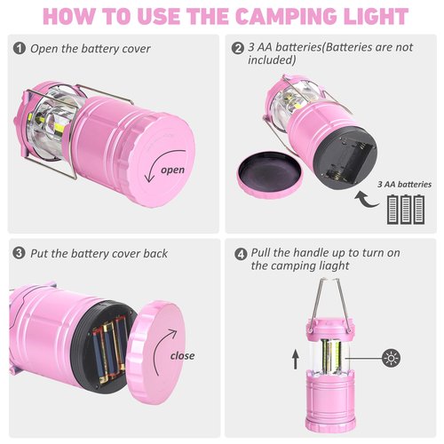 SEAMAGIC 2-Pack LED Pink Camping Lantern and 2-Pack LED Green Camping Lantern, Essential Emergency Lights for Power Outages, Hiking, Hurricane