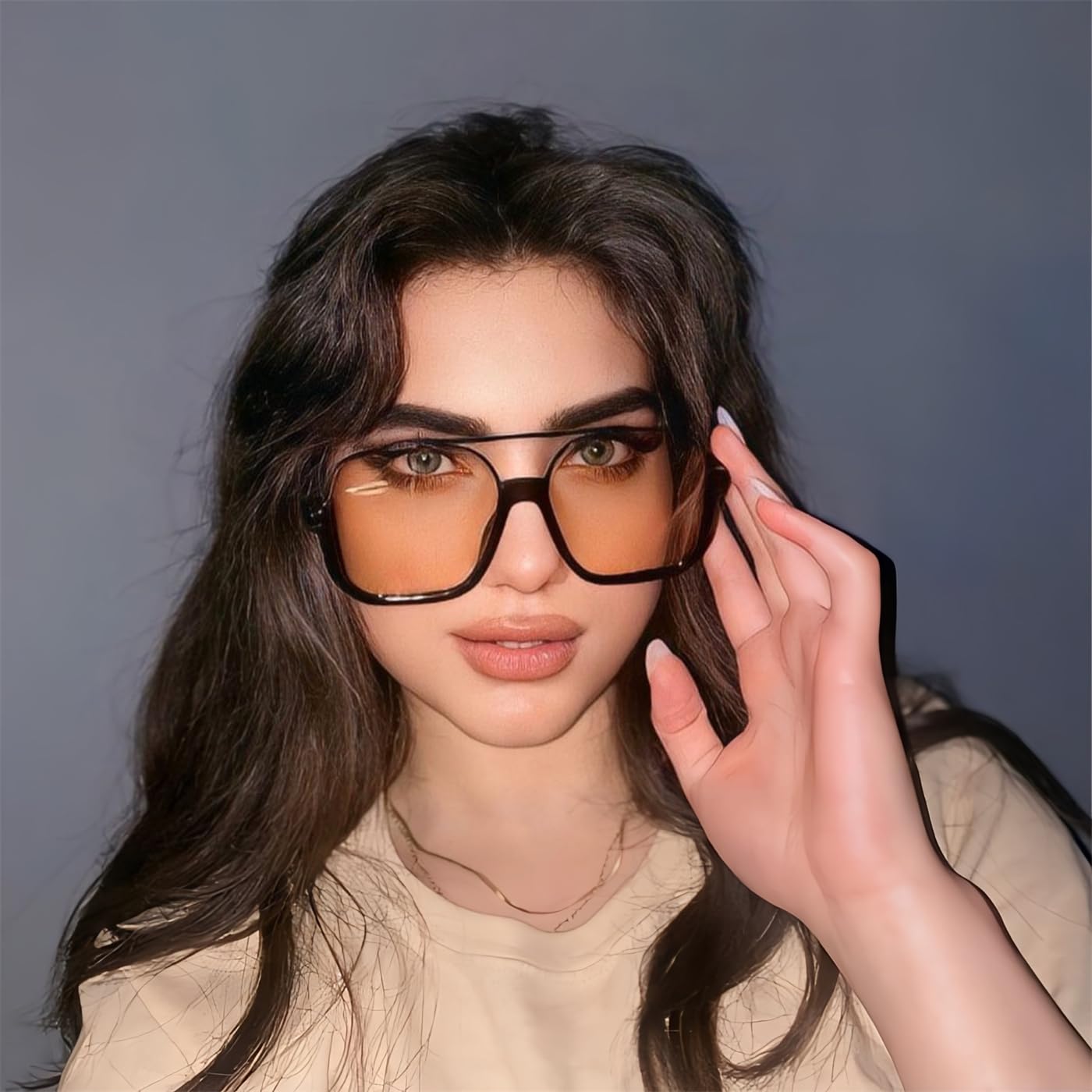 GUVIVI Retro Oversized Aviator Sunglasses for Women Men Square Semi-Rimless Double Bridge Sun Glasses 70s Trendy Shades Pilot-style Brown Pink