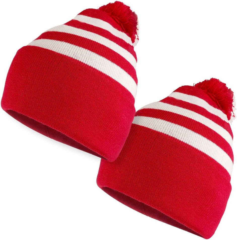 Armycrew Red White Striped Pom Pom Cuff Beanie Hat