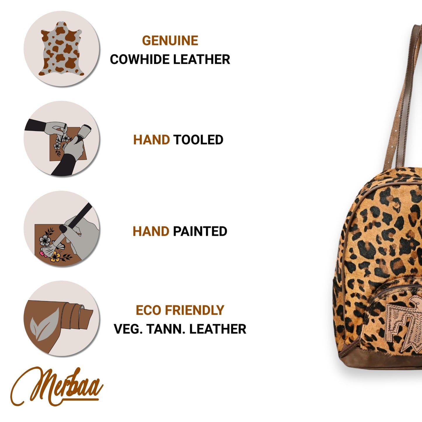 Merbaa Handmade Genuine Cowhide Leather Backpack for Women – Fashion Zipper Closure Bag with Eagle Hand-Tooled Patch, Cotton Lining, Adjustable Straps, Brown Western Style