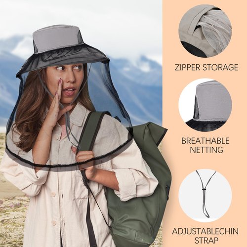 Mosquito Net Hat, Bug Nets for Head, Mosquito Face Net Mask Bug Cap UPF 50+ Sun Protection with Hidden Netting Outdoors Fishing Garden Hats for Women and Men Grey