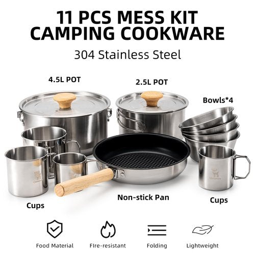 Qunature Camping Cookware Set 11PCS 304 Stainless Steel Campfire Cooking Pots Pan and Bowls Cups with Travel Tote Bag for Outdoor Kitchen Cooking Picnic