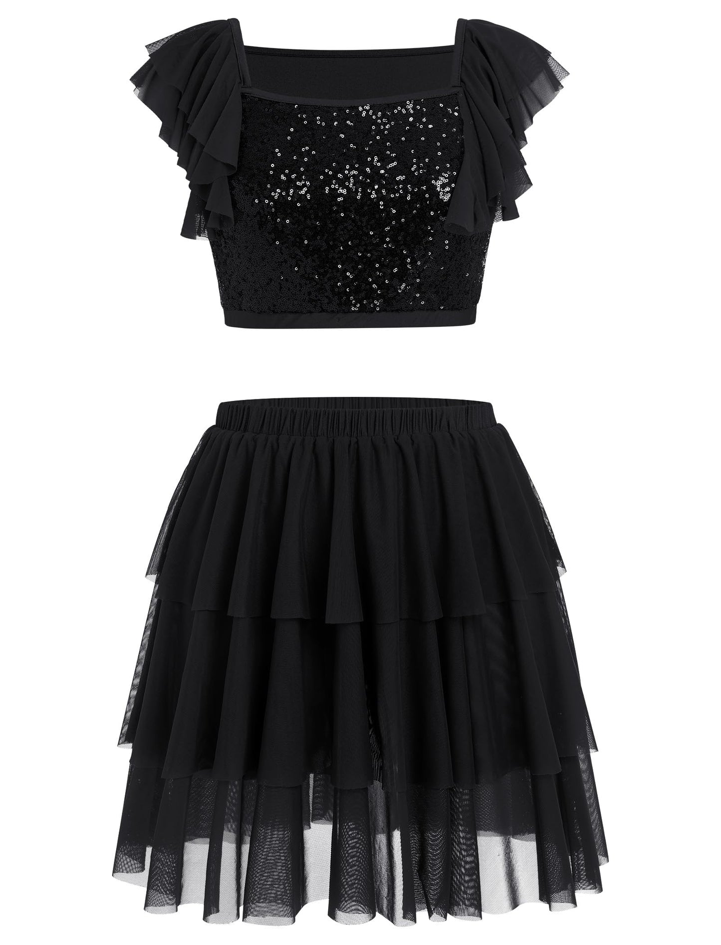Lyrical Dance Dress for Women Ruffle Sleeve Square Neck Sparkly Sequins Crop Top Tiered Chiffon Midi Skirt Teen Girl Contemporary Dance Outfits Ballerina Dance Dress Black S