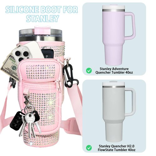 mpmpssss Shining Diamond Water Bottle Carrier Bag with Phone Pocket for Stanley 40 oz Tumbler Neoprene Water Bottle Holder Pouch with Adjustable Strap Bollus & Carabiner for Stanley Cup Accessories.